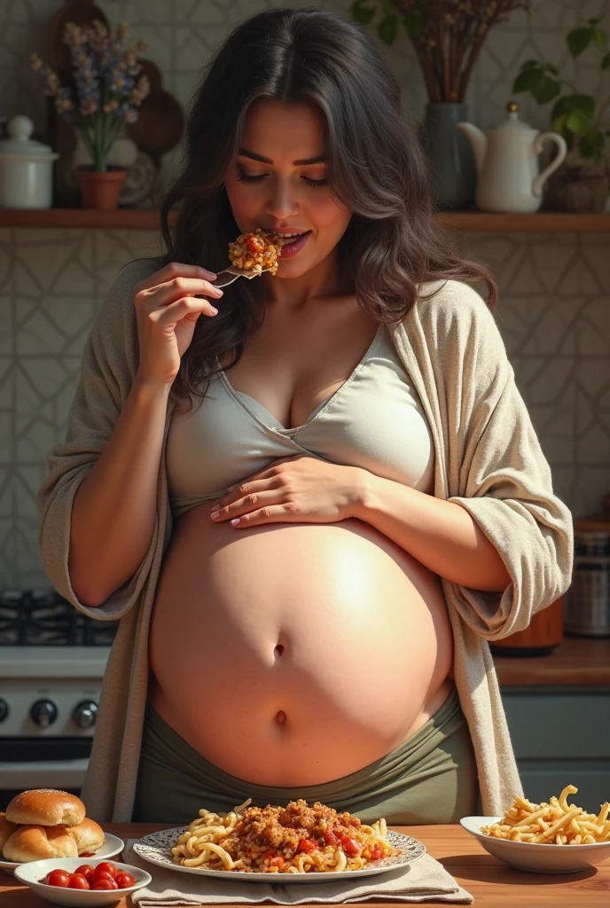 pregnant-looking Caucasian woman in her 20s. unbuttoned jeans, bra. leaning back at a dining table after a huge Thanksgiving dinner. They appear very full and relaxed, feeling about to burst. In front of them is a dining table littered with crumbs and leftovers, highlighting the completion of a hearty meal. The scene conveys a feeling of agony post-dinner.