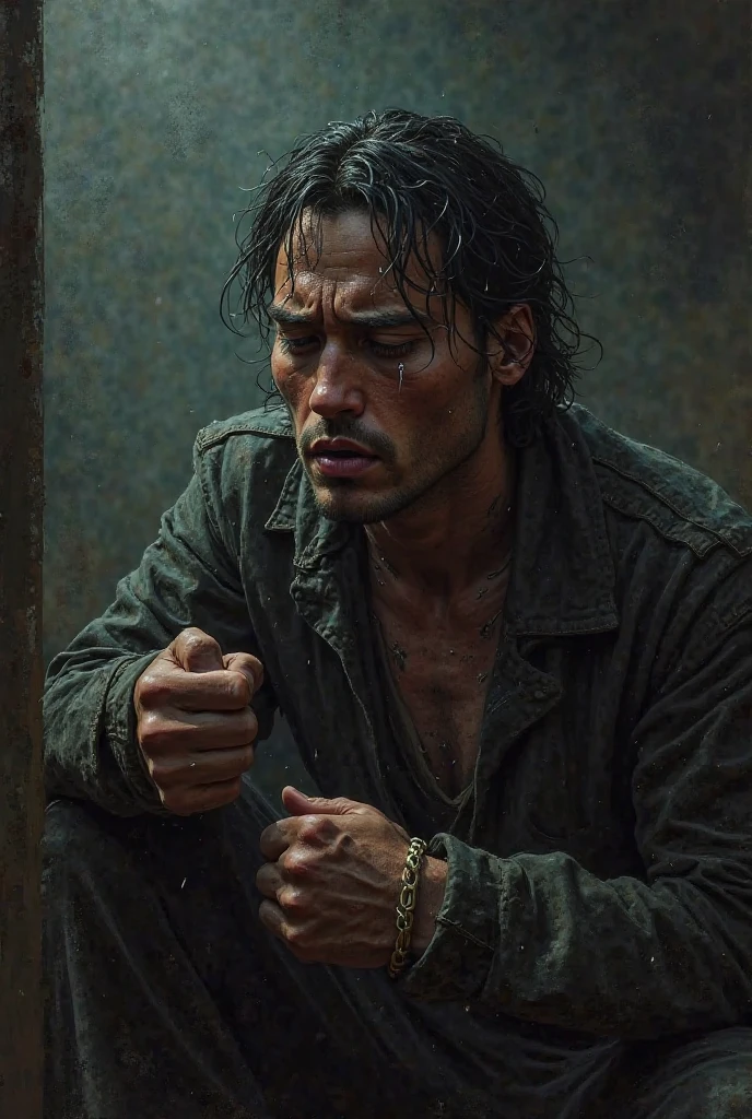 Man sad, inside the sea, wearing wet clothes, your hair is wet, it's dark, at night, the sky looks like a constellation full of planets. The man looks at the camera, he has thick lips, eyes browns. Within the sea there are shades of bright red and blue, looks like a well done painting
