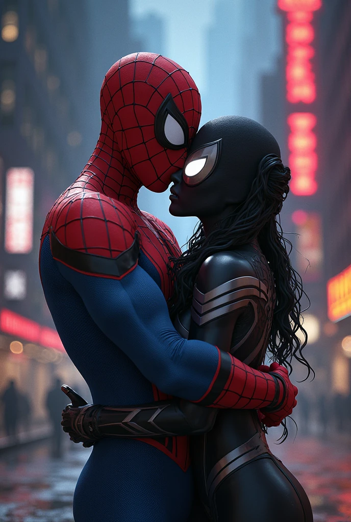 detailded, black spider man without mask, staring at gwen in love, photo realist, natta, red traffic lights, fully body, 4K, wallpaper, miles morales, high qualiy