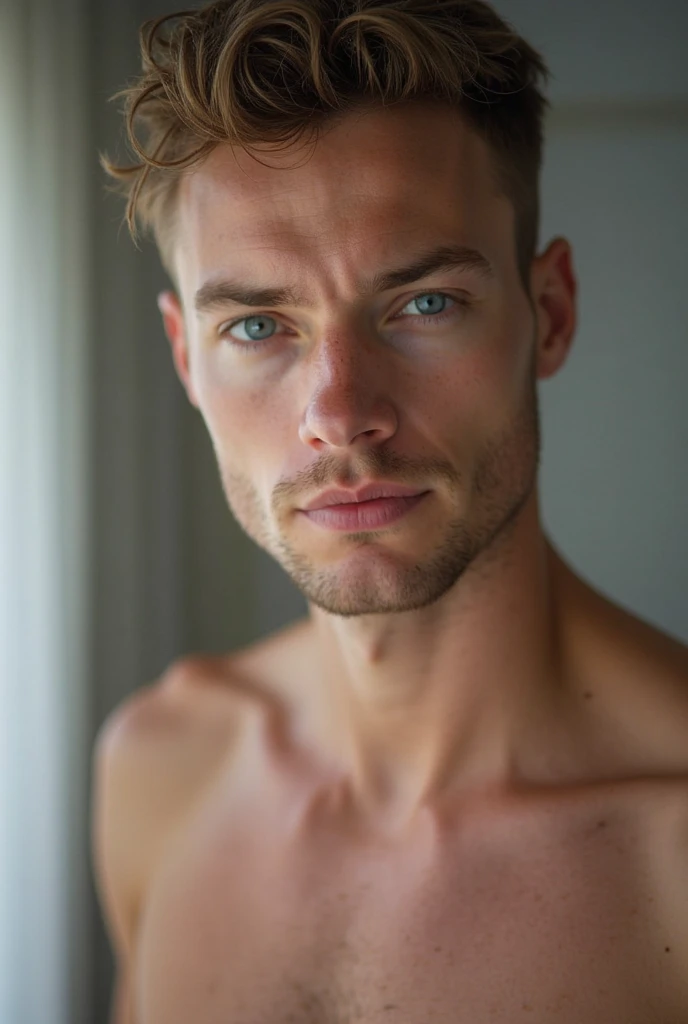 (best quality, masterpiece, 8K, photorealistic, cinematic lighting, hdr image, ultra detailed, beautiful image), 1 man, 22 years old, university man, very handsome, (without expression, serious), short dark blond hair, blue grey eyes ( penetrating gaze), perfect face without errors, imposing posture, without errors, university student, class background, naked, trimmed and strong chest, beautiful big cock trimmed and horn.