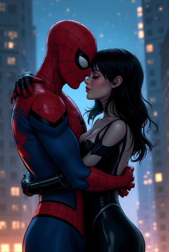anime art: marvel art style, a 20-year-old male with dark fadeout hair and glasses, wearing spider superhero outfit, he has a big bulge , he's crouching down facing a female wearing gothic look. he's kissing her. He's squatting down to kiss her