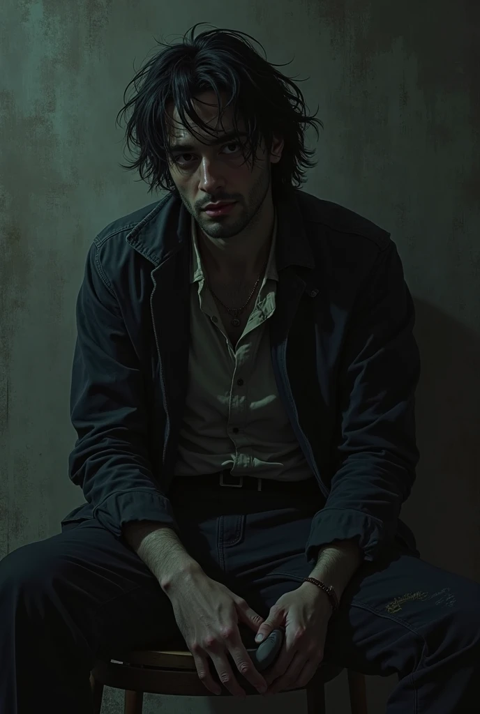 a man sitting on a chair in a dark room , solo, looking at viewer, shirt, 1boy, sitting, closed mouth, jacket, male focus, pants, indoors, black jacket, blood, realistic, glass, photo background