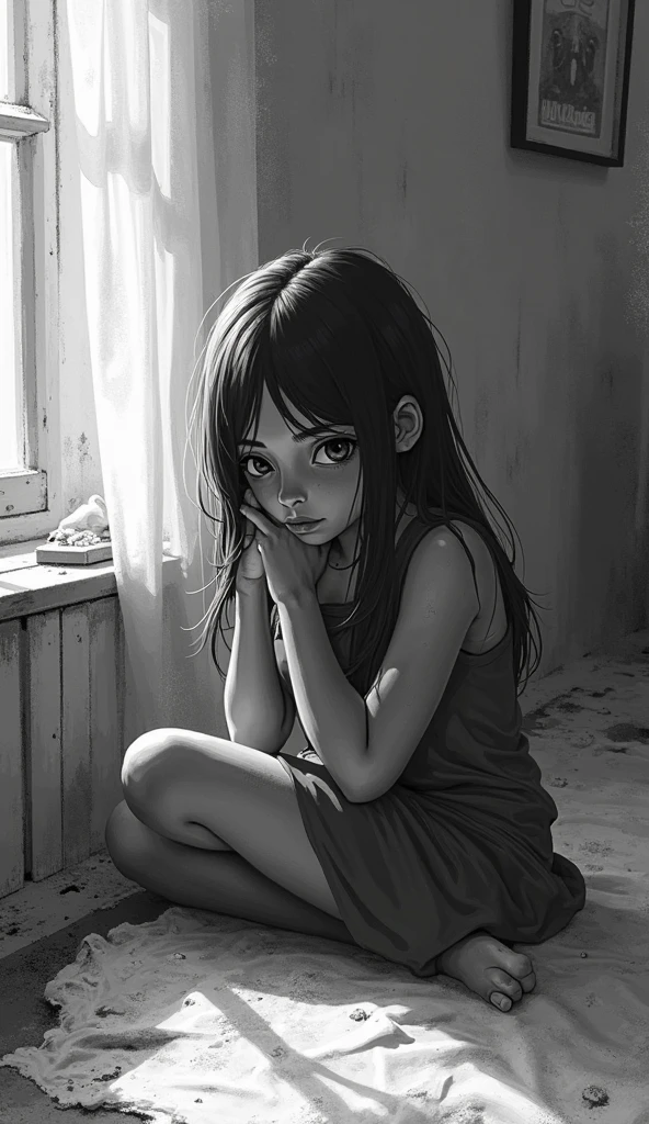 the child lock herself in her room, she felt really sad for witnessing how her parents fought with each other everytime. she's wearing pink and her hair is down. make it a drawing or a sketch like a comics. Make it much more sadder and look more like a comics. A COMICS AGAIN IT'S A SKETCH BUT WITH COLORS.