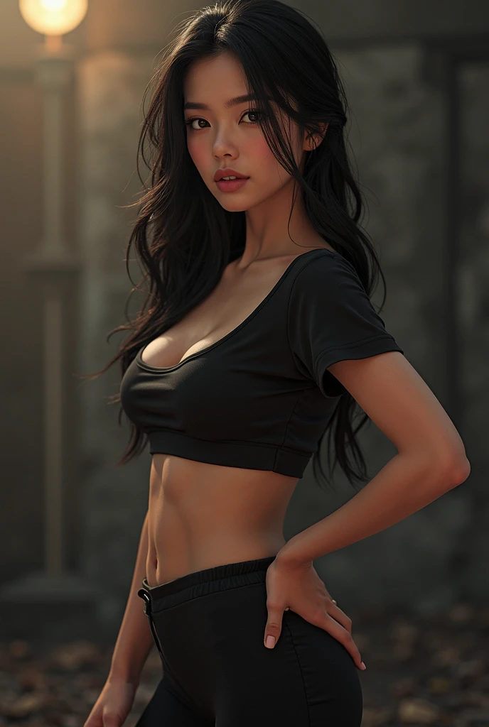 1 chica, modelo de fotografia, sonrisa, centrarse en el espectador, beautiful lighting, mejor calidad, obra maestra, ultra high resolution, Fotorrealista, pelo negro, Blusa corta negra, pantalones cortos, media larga, enormes pechos perfectos, pale skin,( fondo del atardecer:1.4)