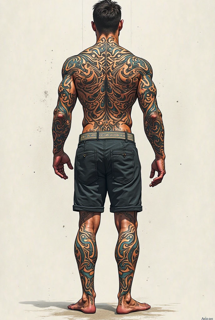 full Body photorealistic handsome Hunky fractal white haired Jack Frost, shirtless, with plenty of tattoo ,