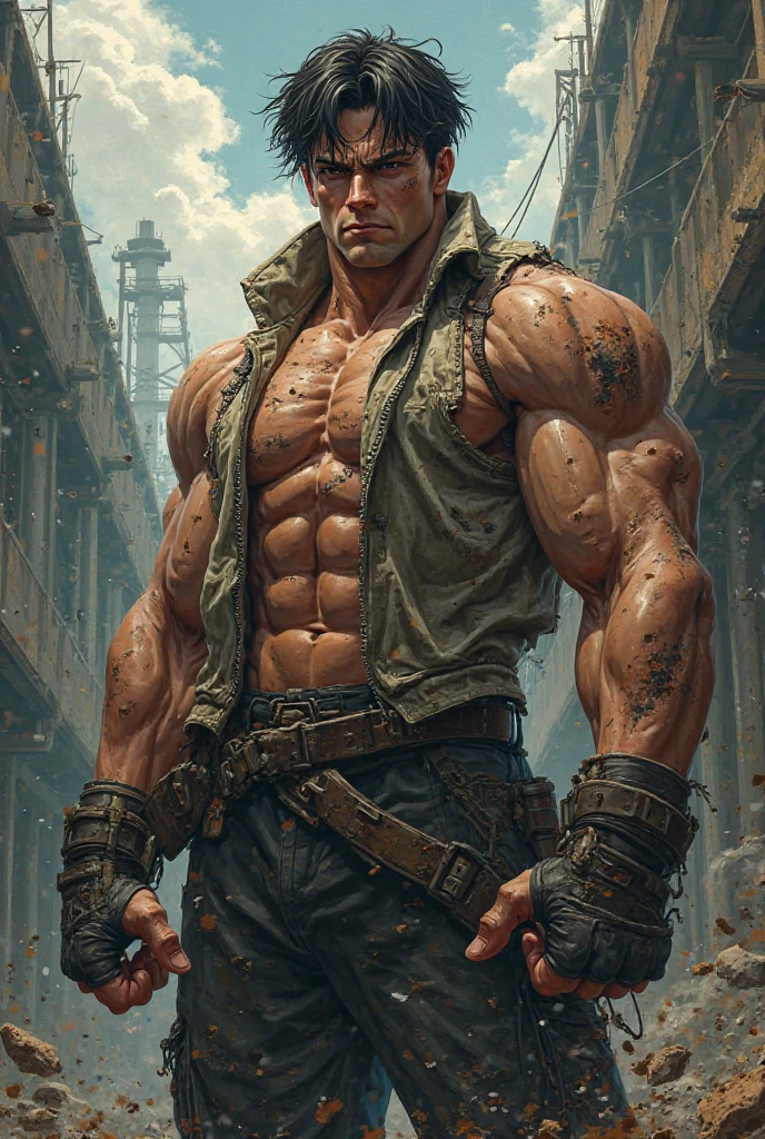 Macho、Short Hair、Blond and manly、Brown skin、Torn clothes、Hairy、Pectoralis major、Abdominal muscles、Your body is wet、Highest quality、high resolution、looking at the camera、full moon、Cyberpunk cities in science fiction movies