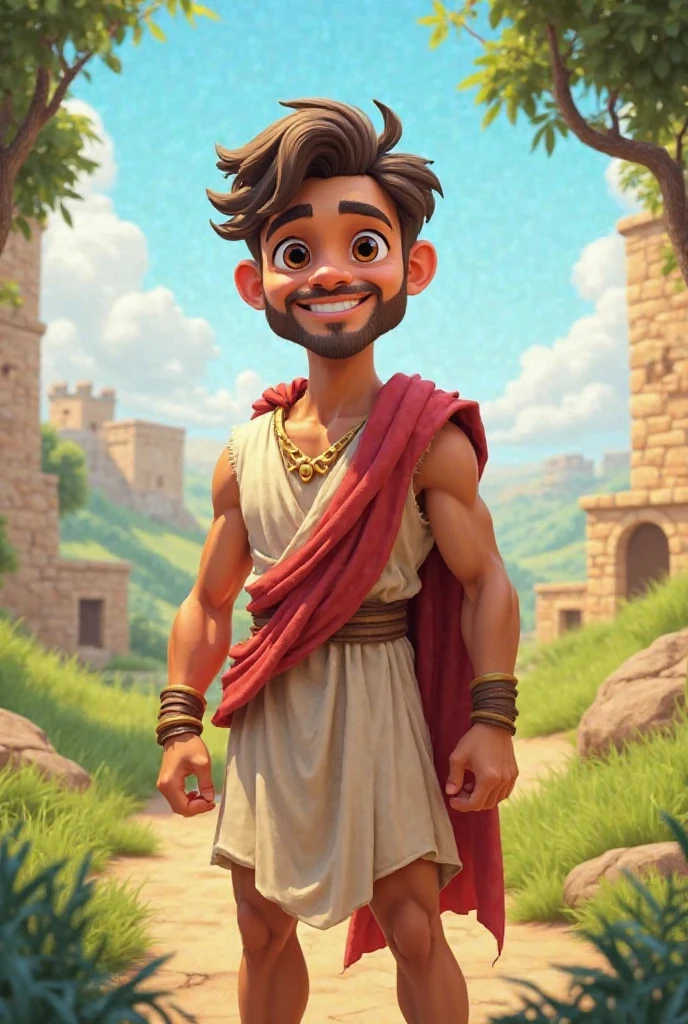 Adult bodybuilder character, Roman hero, his eyes are big and he smiles. His hair is platinum and he wears the white clothes of a Roman king. A Roman toga, draped over the shoulders and around the body.