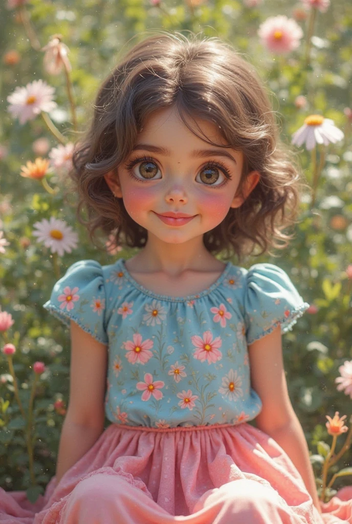 Child 6 years old girl with curly hair light brown eyes medium brown eyes round face round cheeks wearing a dress with a denim jacket,o modelo jovem, corpo inteiro  passeando num jardim Violeta Myers, full protrait, studio potrait, studio photo portrait, photo shoot, Pose casual, mid portrait, studio portrait photography, bonito e sorridente, fotografia headshot, Retrato promocional, medium-length portrait photography, Tiroteio de glamour, Studio portrait, Portrai Color Studio