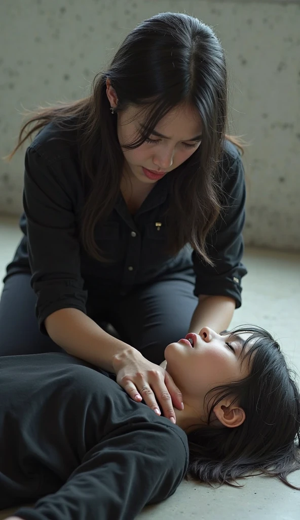 A Korean woman wearing white shirts and gray leggings is sitting on a lying man and clenching her fists, young korean girl, Idol