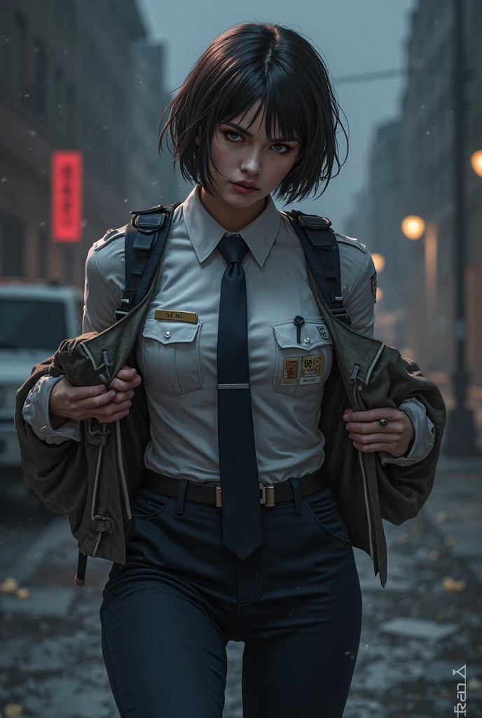 3D female character with black fox ears, pale skin, short glossy black hair with bangs, red eyeliner, ??????????? blouse, black leather tie, futuristic waistbelt with pouches, asymmetrical tactical skirt, sheer fabric, thigh-high pantyhose, holding a katana in right hand, standing confidently, in neon-lit cyberpunk alley, purple-blue glowing atmosphere, soft shadows, high-poly detail, cinematic 3D render, subsurface scattering, HDRI lighting
