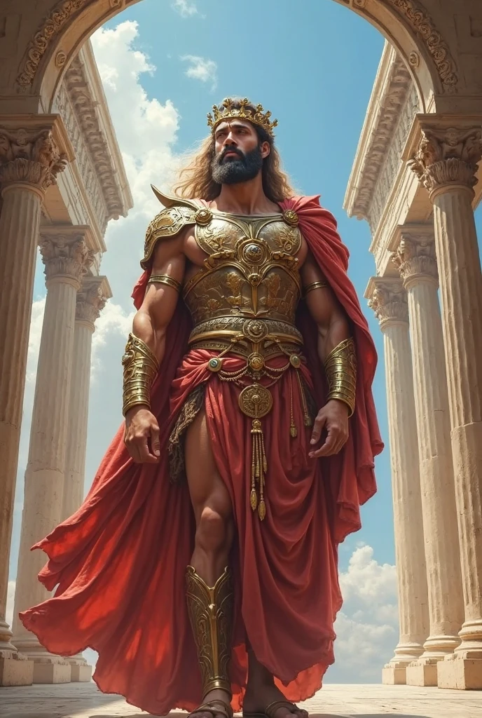 greek king, ((anime style)), wearing gray robes and a crown of Apollo, holding a staff, inside the greek temple, in front of him there is an altar of human sacrifice.