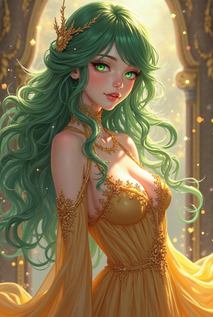 (Tatsumaki), (One Punch Man), big detailed green eyes, green hair, (green eyes), green and gold color palette, Official art, Unity 8k Wallpaper, Ultra-detail, Beautiful and aesthetic, masterpiece, Best Quality, (zentangle, mandalas, Tangle, Entangle), (fractal art:1.3) , 1girl, perfect tits, Extremely detailed, Dynamic Angle, Most Beautiful Form of Chaos, elegant, a brutalist designed, vivd colour, romanticism, Atmospheric, arms behind back, (gold metallic pasties), shiny skin, sexy pose, ((black background)), gold dust, heavy blushing, upper body, straight on, gold metallic flowers, ornate gold elements, gold overload,