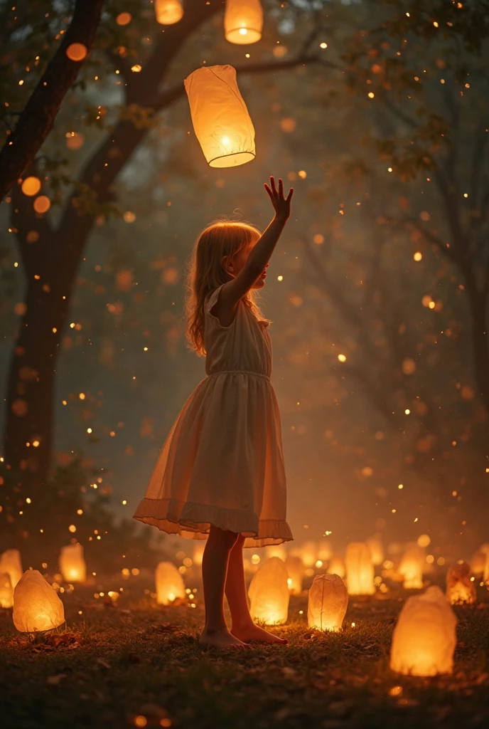 (Masterpiece) Create an ultrarealistic photography of a extremely cute and cheerful young Australian little girl holding glowing flying paper lanterns, unreal engine, 85 mm, intimate, flying lanterns festival, flying colorful lanterns, crowded, families, wonder, amazing, funny, cinematic, 8k, evening, back view, stock photo, success on Instagram.