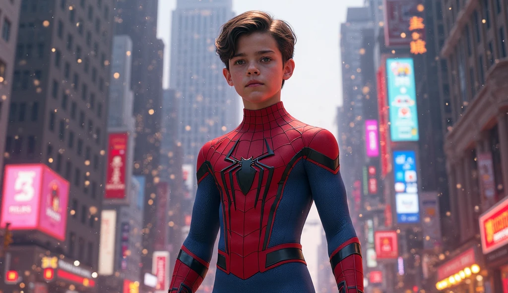 "Hyper-realistic painting of a  boy wearing the Spider-Man outfit with mask, mostrando sua  roupa de homem aranha. Impressive precision in high-resolution detail. (pintura, rosto, superhero outfit, alta qualidade)"