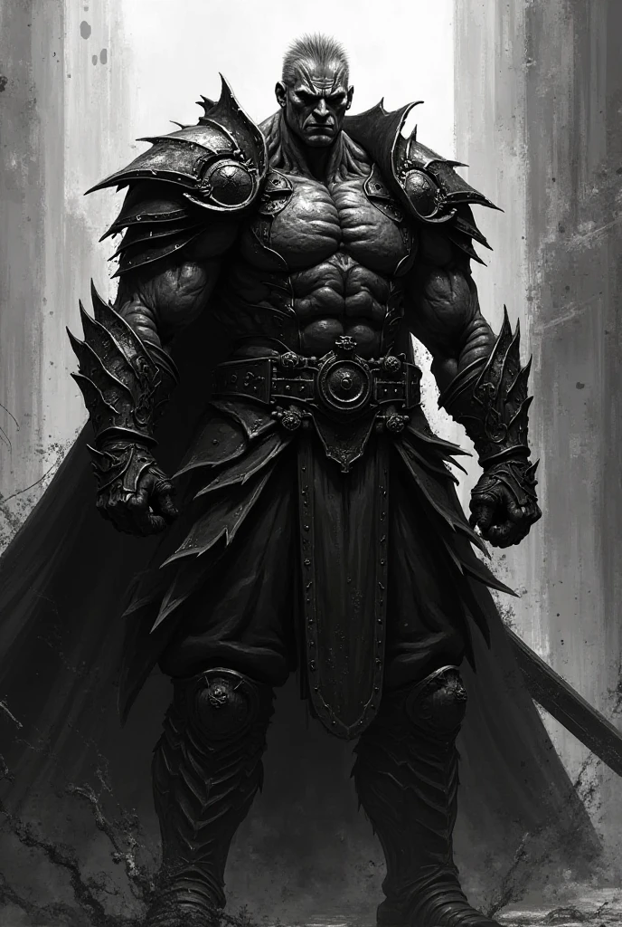 medieval barbarian 2 meters tall, brawny. shaved hair and a slightly long beard. in pants and boots. wearing a large black cloak, with a large, wide sword on his back, helmet to hide the face. black andwhite
