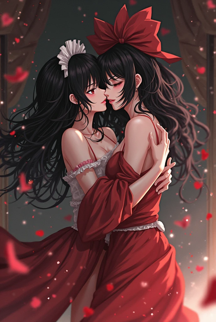A red haired woman with red eyes with a braid with roses in a red and white long sleeve gown is kissing a black haired woman with brown eyes in a black gown with a golden moon pattern.