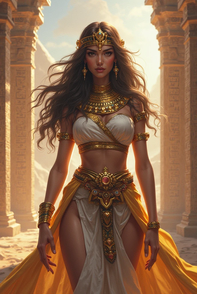 Beautiful Babylonian princess, dressed in a gown with gold and filigree embellishments; medium breasts and medium hips; tan skin and dark jet hair; woman stands by Ishtar's gate, sensually posing for the audience, and smiling coquettishly; Ishtar's gate has vivid green, blue and turquoise colors, amply adorned by the "winged bulls"; masterpiece; UHD; 8k; fine details on the woman's face and hair; fine details on the woman's hands; fine details on the woman's ornaments; fine details on Ishtar's gate; masterpiece; panoramic view of the woman and Ishtar's gate