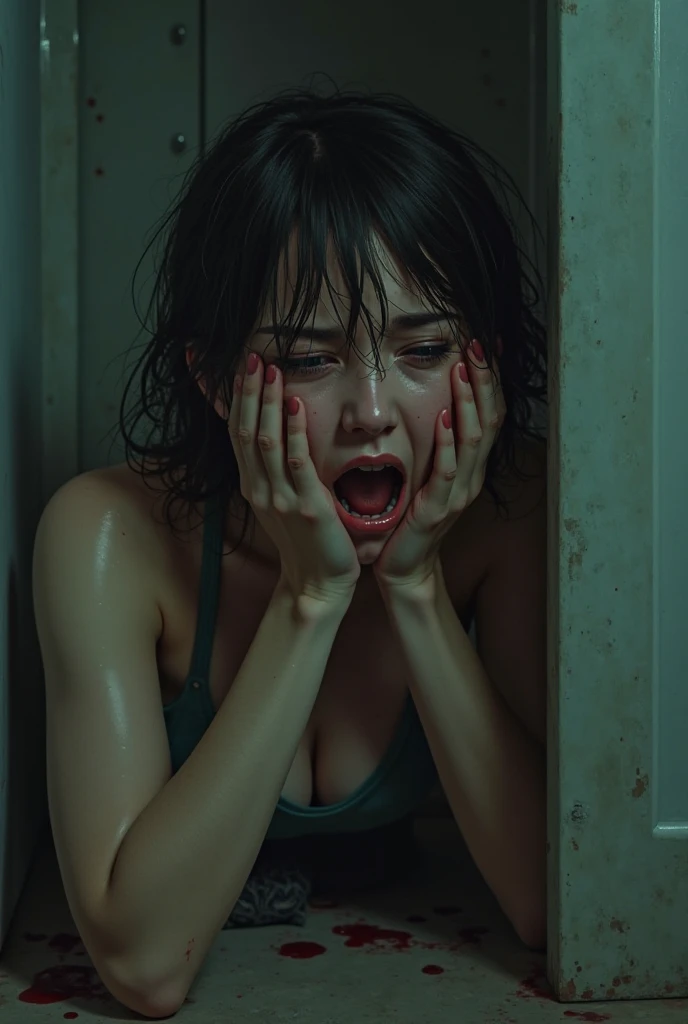 Suddenly, a screeching sound echoes through the bathroom as one of the windows is broken. a zombie, attracted by the sound of water, invades space. With pale, rotting skin, empty and hungry eyes, he moves in an uncoordinated manner, but with a frightening force.

The woman reacts quickly, picking up one of your knives positioned within reach. Still wet and partially dressed, she faces the zombie with determination. The fight is intense and brutal, with her delivering precise blows to fend off the creature. The tension in the air is palpable, as the moans of the zombies outside increase, attracted by the tumult. The faint light of dawn begins to illuminate the scene, highlighting the fierce battle for survival.