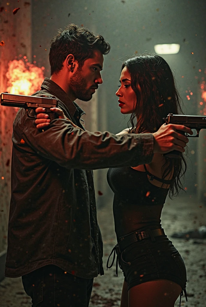 Man holding gun and woman, dark background, skull with blood, 