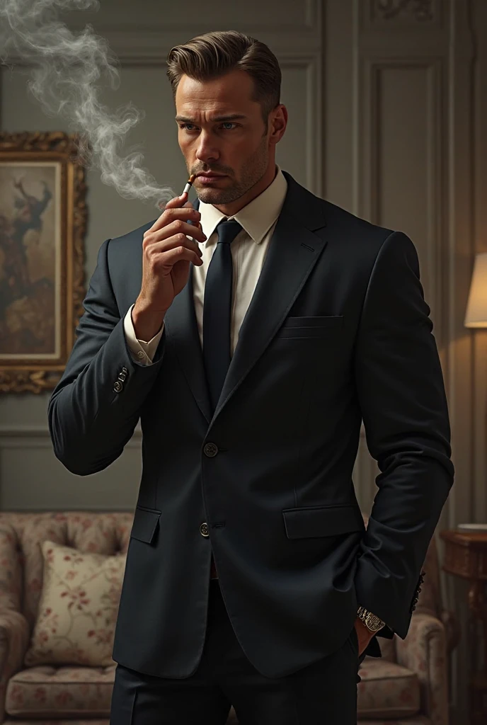 A man in a suit smoking a cigar against a white background 