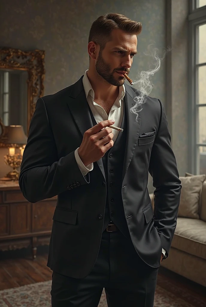 A confident man in a suit smoking a cigar