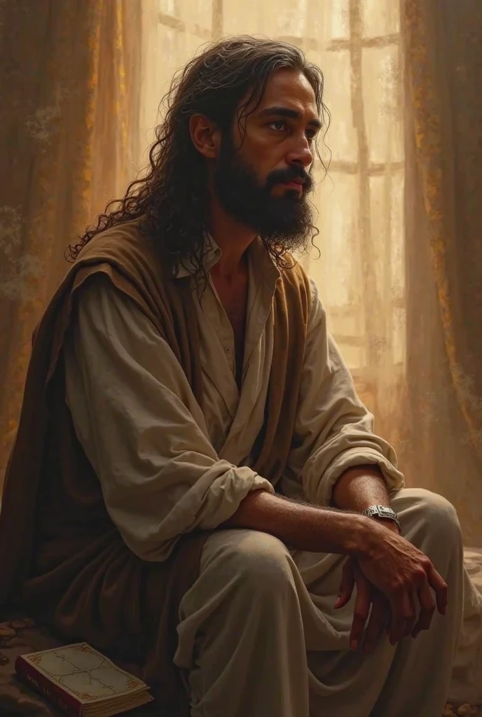 Ancient chanakya , pajama pants, long curly hair, indoors, soft lighting, plants in background, window with sunlight, cozy room, relaxed pose, realistic, intricate details, warm colors, by Greg Rutkowski, by Alphonse Mucha