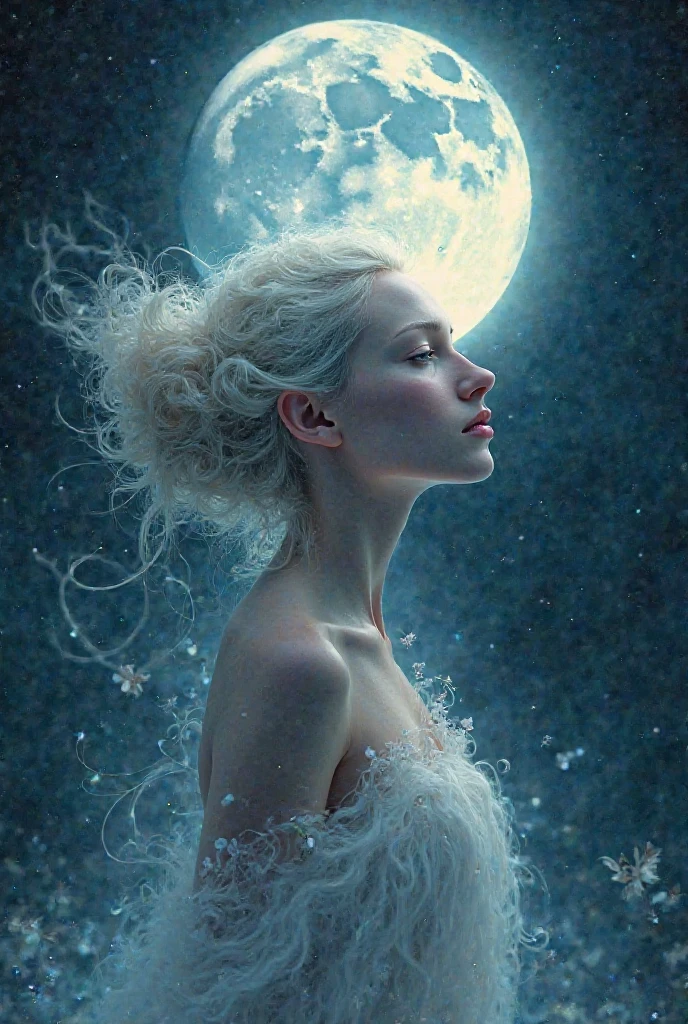 cyanotype photograph, a beautiful albino, clothed in spiderwebs, wild, tangled hair,  in the snow, watching an orb filled with glowing blue stars, blossom, moon, extreme long shot , <lora:whiteeyes_11-04:1> whiteeyes