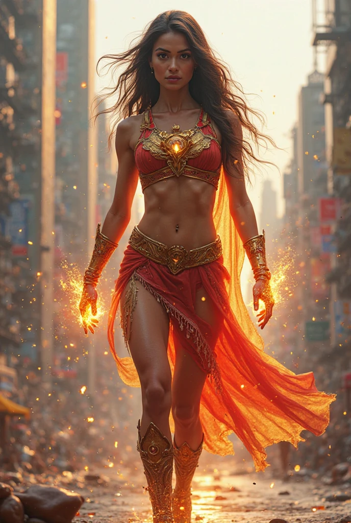 A woman with armored breasts in a red bilini swimsuit, long hair down to her feet, with rays in her hands, realistic style in the city