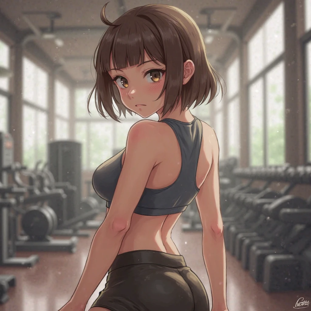 1girl, realistic, solo, short hair, , sportswear, sweat, brown eyes, shorts, looking at viewer,large breasts,big , brown hair, sleeveless, shirt, looking back, blurry background, blush, indoors, steaming body, blurry, , , leaning forward, sweaty clothes, gym uniform, parted lips, blunt bangs, standing, hand on knee, best quality, dynamic lighting , dynamic pose,,  dynamic angle, , , (realistic:1.2), (lineless:1.2), detailed, , aged up, adult, depth of field, dynamic lighting, blurry, cheekbones,