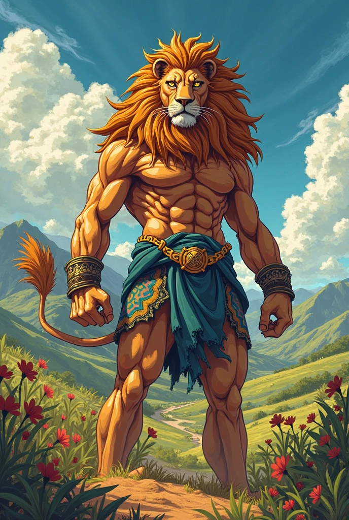 (Best Quality, ultra-independent) Male lion with a very thick blonde mane., gold eyes, and a slightly muscular body, adorned with very marked abs. Stands confidently with his feet in the desert., the warm sunlight casting a golden hue on his body. , creating an environment, his muscles shining in the sun. The scene is rendered in exquisite detail and has a realistic quality.., delivering a masterpiece that is sure to captivate the viewer. and the character can be seen in full body from head to toe. And with one hand he takes a red crystal ball.