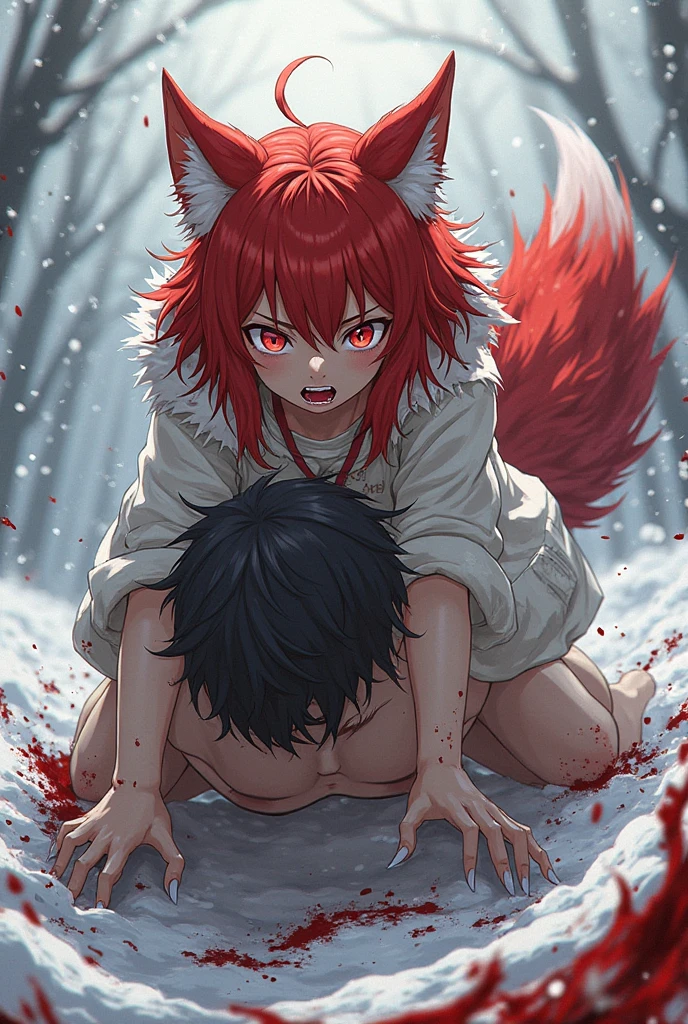 (award winning, 8k, super detailed, high resolution, best quality), a male teenage with red hair, a werewolf with red velvet fur, detailed red eyes, extremely detailed face and features, detailed fangs, standing side by side, in a dark mysterious forest at night, moonlight shining, mist, old trees, moonlit forest, moody lighting, atmospheric