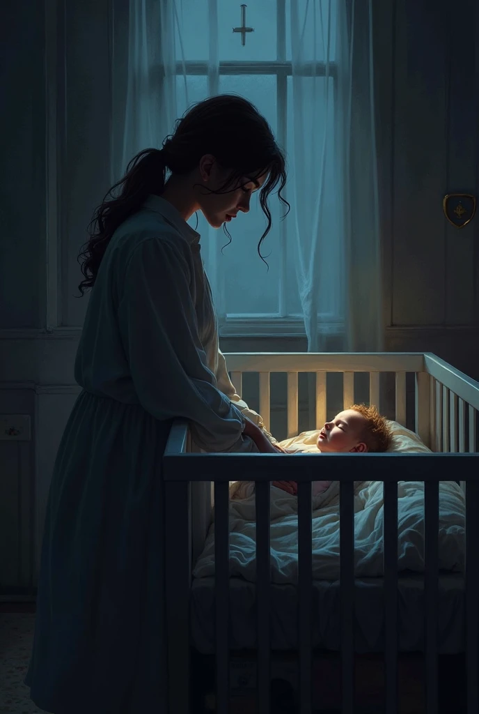 Creating a bitter mother crying. Baby sleeping in the crib. Baby's bedroom background.