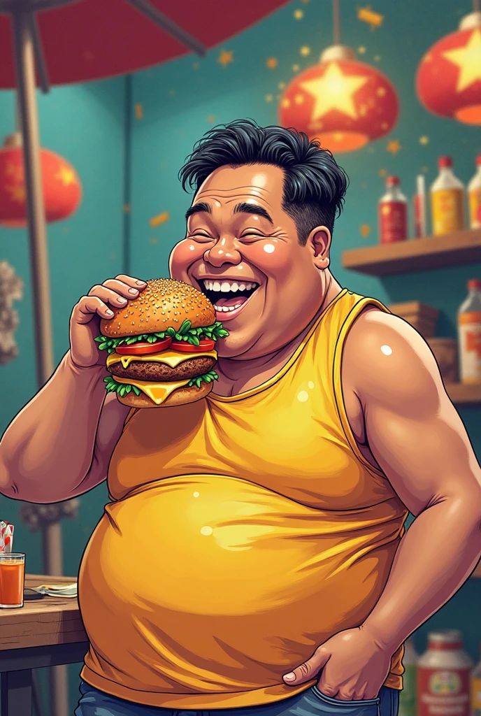 fat asian guy in the gym, eating keto food, in the mirror he saw his future body goals, in the mirror he looks like slimmer, delivery food, detox juice