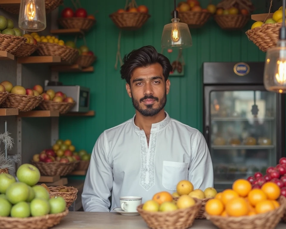 A young and brown Indian grocery man sitting on his grocery store wearing t shirt and pant