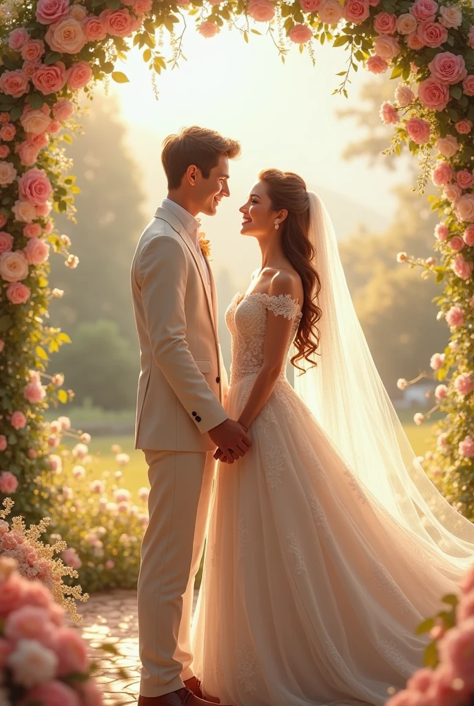 Very detailed married image of a beautiful long-haired Korean woman wearing a long white dress and a young long-haired Indonesian man wearing a white suit while carrying flowers, with a wedding event background, ultra-realistic 32k. Soft diffused lighting, cool and natural color palette, great detail.