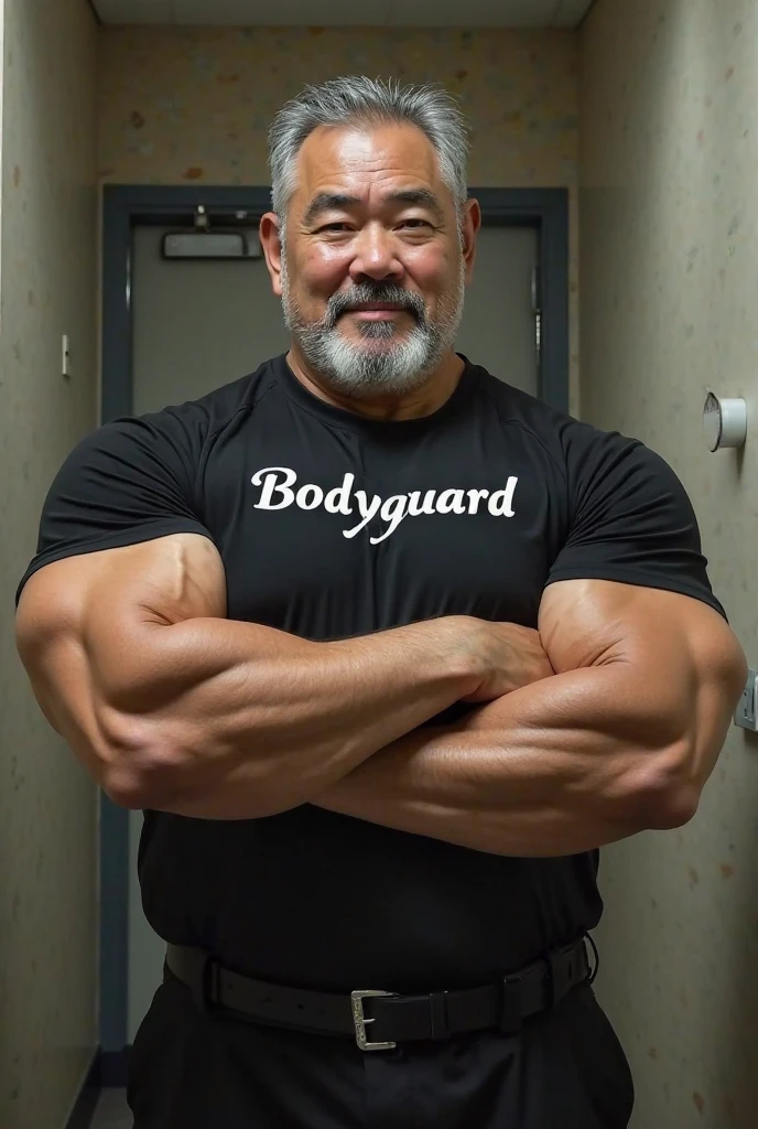 white hair, old man, individual, male, Muscular wrestler, muscular, Stout wrestler, Asian, Japanese, uncle, 55 year old middle-aged man, short hair, short hair, yellow wrestling boots, full body portrait, shadow, Vision, yellow briefs, obesity, 45 years old, short beard, middle-aged man, tattoo, fingerless gloves, Wheat skin, shiny skin, dark skin, Show your pectoral muscles, sumo wrestler, bodybuilder, wide temples, Visible abdominal muscles, Smile, Fine hands, solid color background, pure white background, Surrealism, Panorama, 8k, super detail,