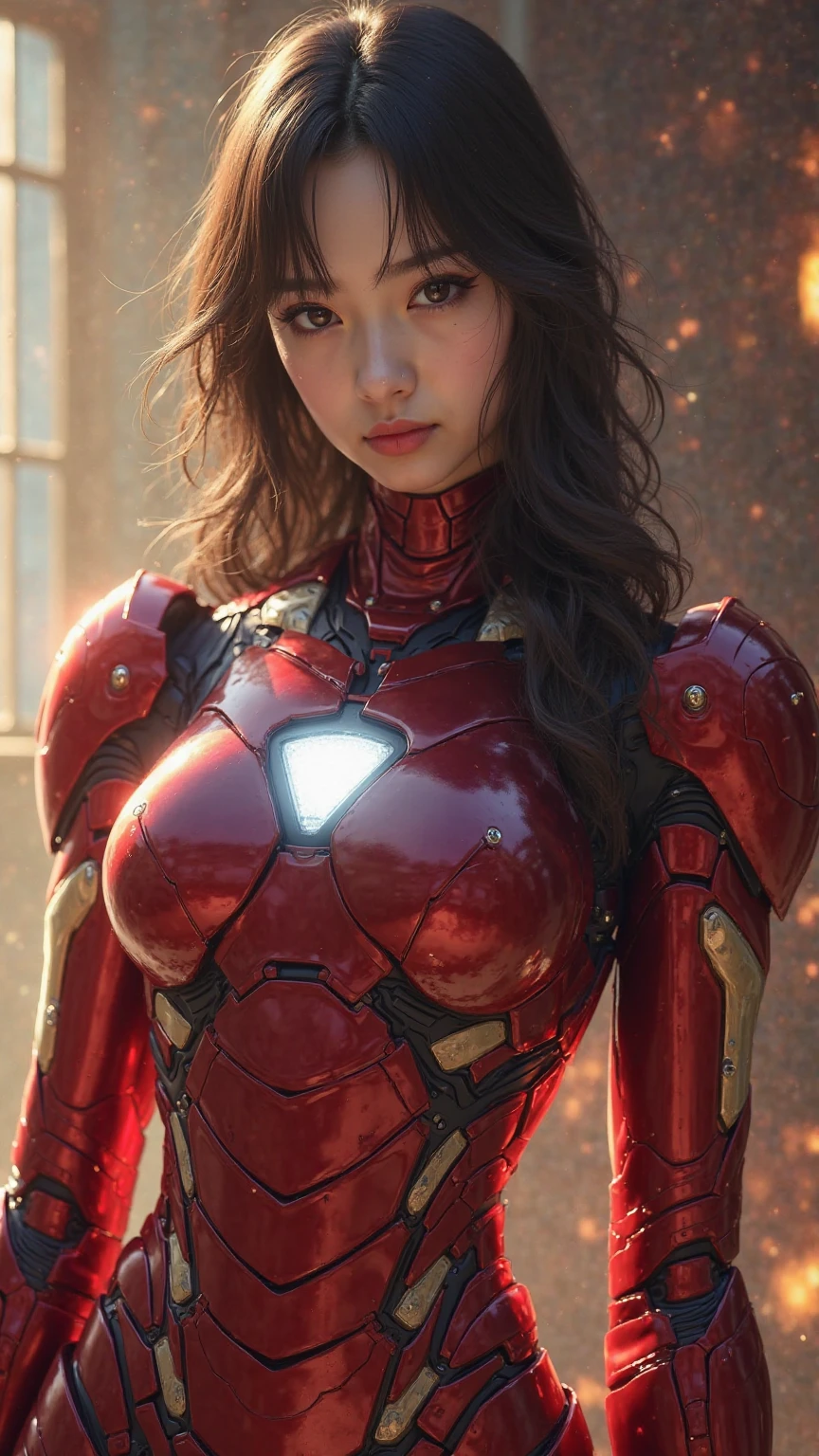 ((Real 8K、masterpiece、highest quality、Ultra-high resolution、Realistic skin texture))、Sexy Beautiful、8k, Realistic, Charm, Very detailed, a 20 year old girl a sexy and Charm woman inspired by Iron Man wearing a shiny Iron Man mech. She dresses with sexiness and confidence, A perfect interpretation of Iron Man'The strength and charisma of. An abandoned warehouse serves as the background., It creates a unique atmosphere that highlights her courage and perseverance.. The cloudy sky adds a sense of tension and mystery to the whole scene.. This high resolution, High-quality images bring you a shocking visual experience. You won't be able to take your eyes off the detailed abandoned warehouse and shiny new machines.. OC Rendering, Dramatic lighting, Award-winning quality,What a lovely smile