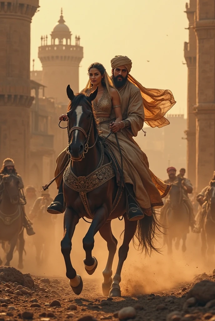 Setting Out:Prompt: Rajkumari Meera, in her commoner disguise, is riding her horse, Kesar, with Rajan beside her. They are leaving the palace grounds, which should look expansive and regal in the background.