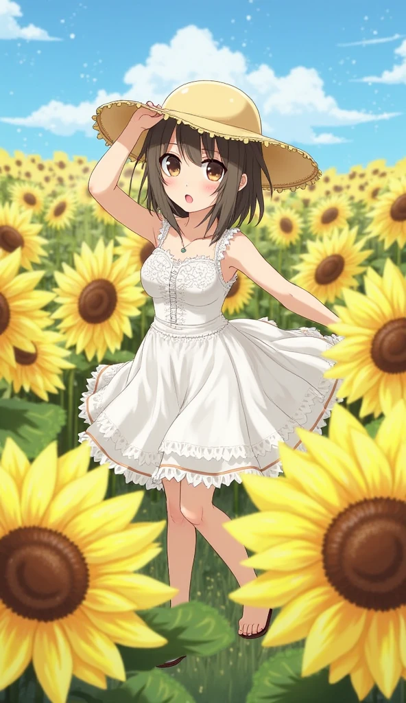 (8K、Top image quality、top-quality、masterpiece)、1 li、black hair bob cut、blunt bangs、red eyes、smil、Smaller chest、White dress、straw hat、White sandals、blue open sky、Background of sunflower field