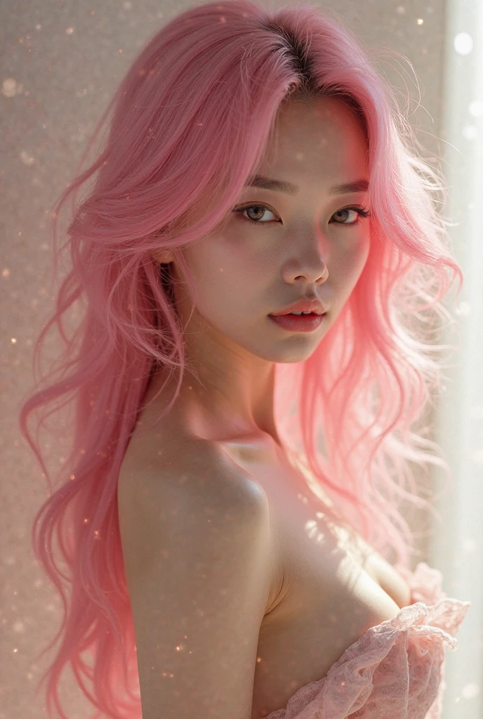 Pink haired Asian girl with big boobs sucking a penis