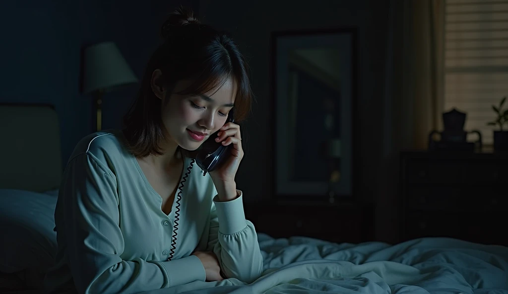 masterpiece, best quality, 1 girl, solo, effect, dark background, night room in a girl answering the phone in bed with a solemn expression
