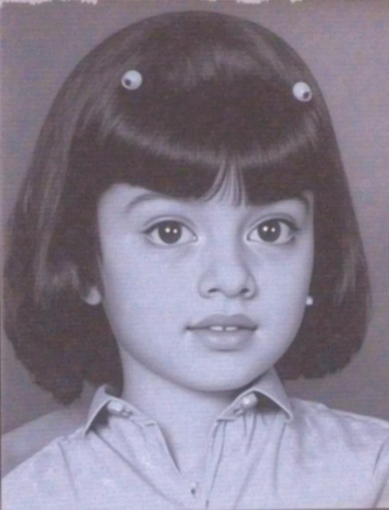 arafed photo of a young girl with a bow tie and a sweater, four years old, old picture, realistic old photo, old black and white photo, old photo, black and white old photo, young child, old style photo, realistic old photograph, black and white old photograph, hana alisa omer, potrait, photo of the girl
