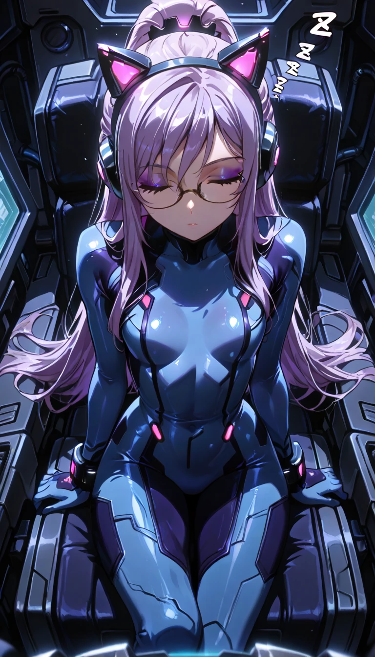 android girl(metallic skin, blindfolded in visor, purple cyber joint, orgasm, lean back, cramps, lower abdomen bloating), blacker room, reddish-black light, cable insert in vagina,