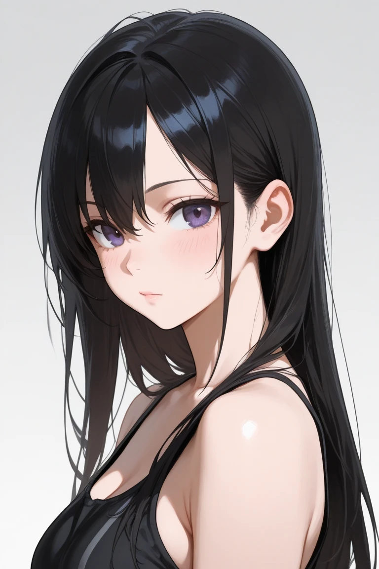 (A superb exquisite Chitanda Eru), ((mature face)), purple eyes, long black hair, natural straight hair, straight bangs, solo, [Small_breasts: large_breasts: 0.5], normal breasts, (((seductive expression,  portrait, close-up))), extremely delicate, peerless beautiful girl, dreamy quality, exaggerated facial features, solid color, delicate face, bright lips, slender waist, straight curves, soft lights and shadows, super fine, 8K HD, (masterpiece:1.4), (finely detailed beautiful eyes: 1.2)