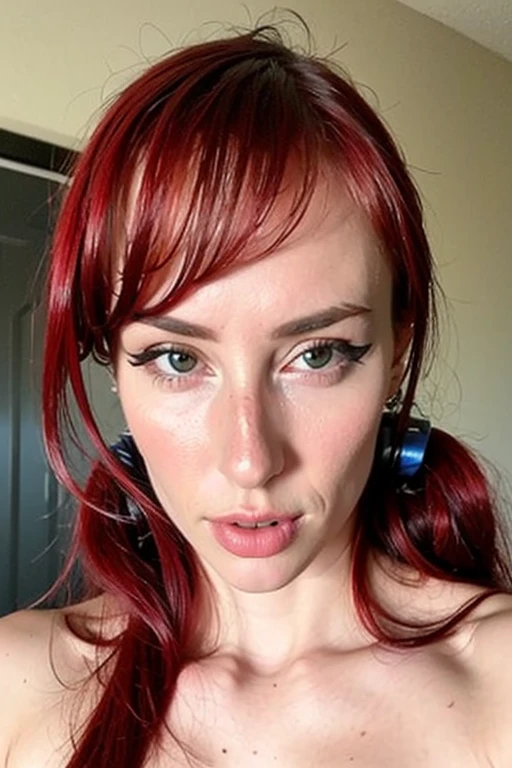 (NSFW:1.5)((Brie Larsson)), ((red ponytail)), Masterpiece, Full length portrait, black latex fishnet stockings, messy ponytail, holding hair, wearing a tight lace-up dress, belt, wifes, revealing sexy dress, big breasts, neckline, thin waist, big butt, hot sexy woman, realistic image, DSC, LR, detailed skin, Detailed hyper-realistic face, Professional model, in bed,