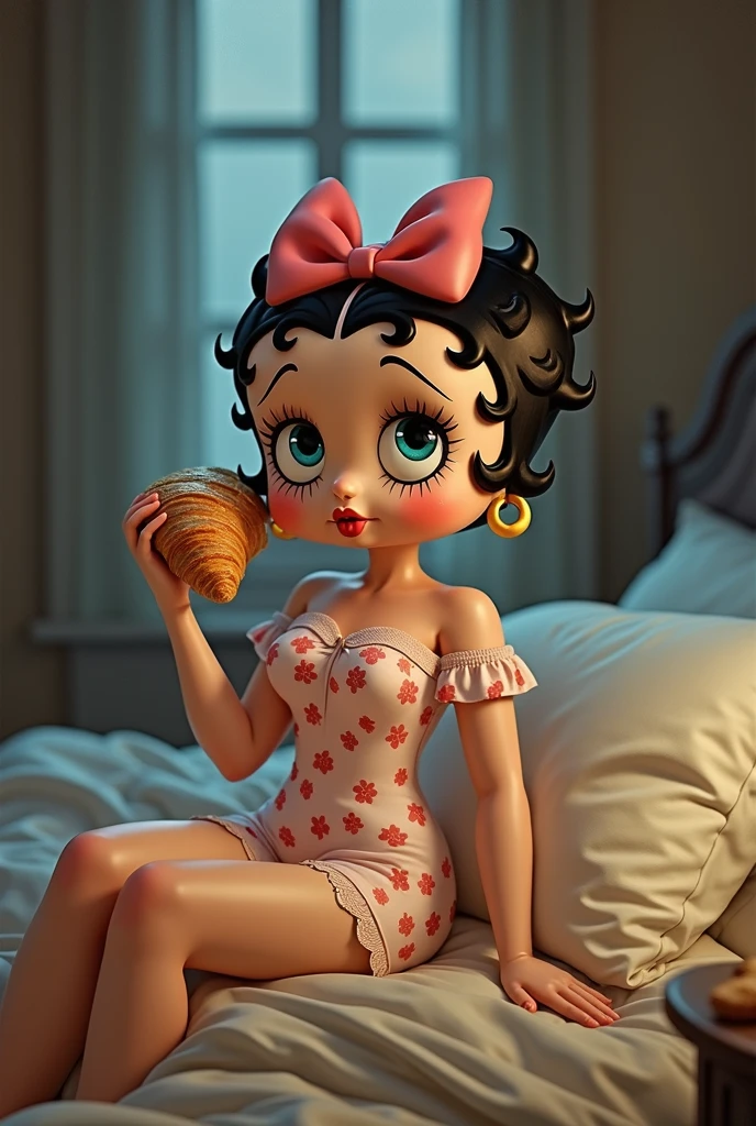 A fascinating 3D illustration created by Arwen, featuring the iconic Betty Boop in a seductive pose. You lie on your side on an exclusive Balinese bed shaped like a white number 800 and with the text thank you underneath, with soft and luxurious pillows. Betty Boop's red lips and adorable bow accentuate her charm, while her luscious curls cascade down her back. She rests her head on her hand and winks playfully at the viewer, drawing them into the scene. The image is rendered with cinematic quality, offering a vivid and immersive experience, illustration, 3D rendering