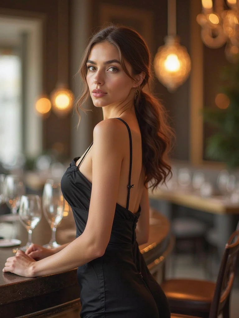 (fille italienne) (maigre) (Réaliste) (cheveux marrons propre) (réalisme photographique) (Beau) (photo instagram) (la nuit) (Fort Lauderdale (en anglais seulement)) (luxury modern Fort Lauderdale (en anglais seulement) restaurant),les yeux marrons, envoie un bisou en face d'elle 