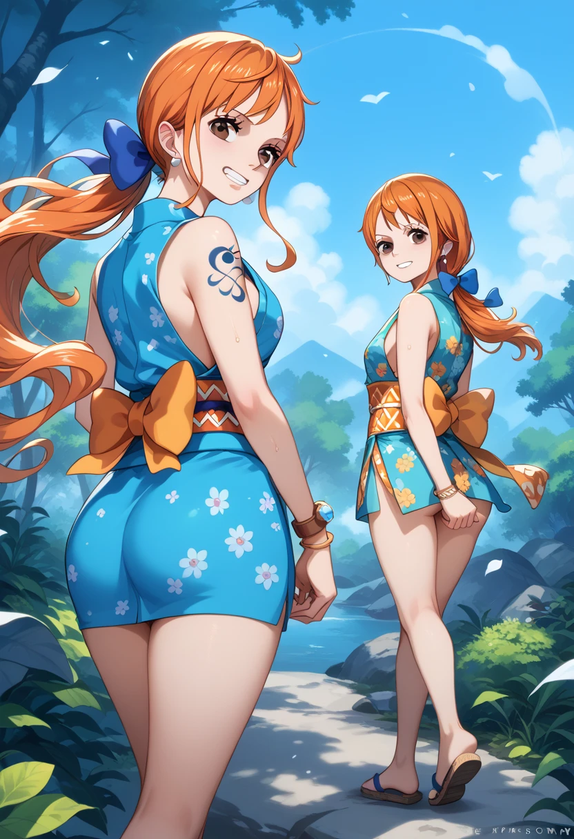 amicia michella - nijisanji, anime style, 1boyl, brown short hair, yellow inner hair, wavy hair, green eyes, detailed eyes, midriff, girly face, seductive, thin lips, painted lips, shy smile face, wide hips, thick thighs, huge round ass, medium breast, full body, dynamic pose, night pool, nsfw