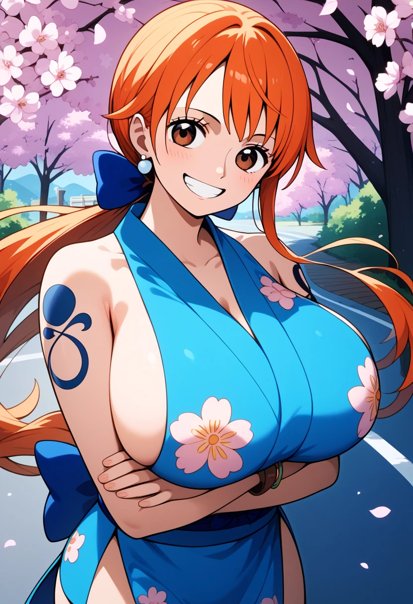 NamiFinal, Nami from the anime One Piece, orange hair, bangs, hair in a bun, beautiful, beautiful woman, perfect body, perfect breasts, wearing a bikini, wearing earrings, wearing a watch, in the park, cherry tree, traditional house japan, looking at viewer, slight smile, realism, masterpiece, textured leather, super detail, high detail, high quality, best quality, 1080p, 16k, busty milf, sweaty, huge breast, huge ass, massive breast