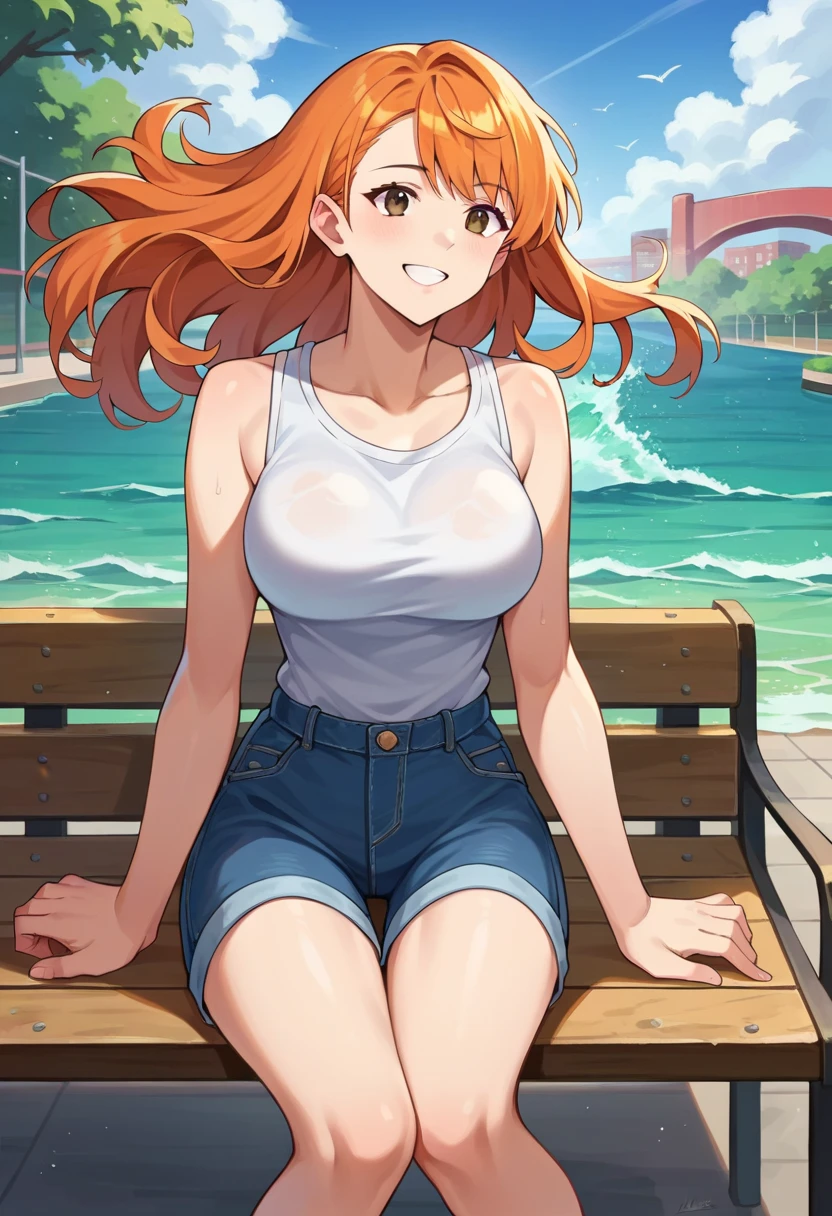 (obra maestra), Mejor calidad, ojos expresivos, cara perfecta, 1 chica, Solo, chica poco femenina, mujer madura, pechos grandes, escote, orange hair BREAK buns, camiseta sin mangas blanca BREAK falda amarilla BREAK sonrisa, de pie, blue eyes BREAK flower garden, cielo azul ROMPER colinas verdes ROMPER hierba